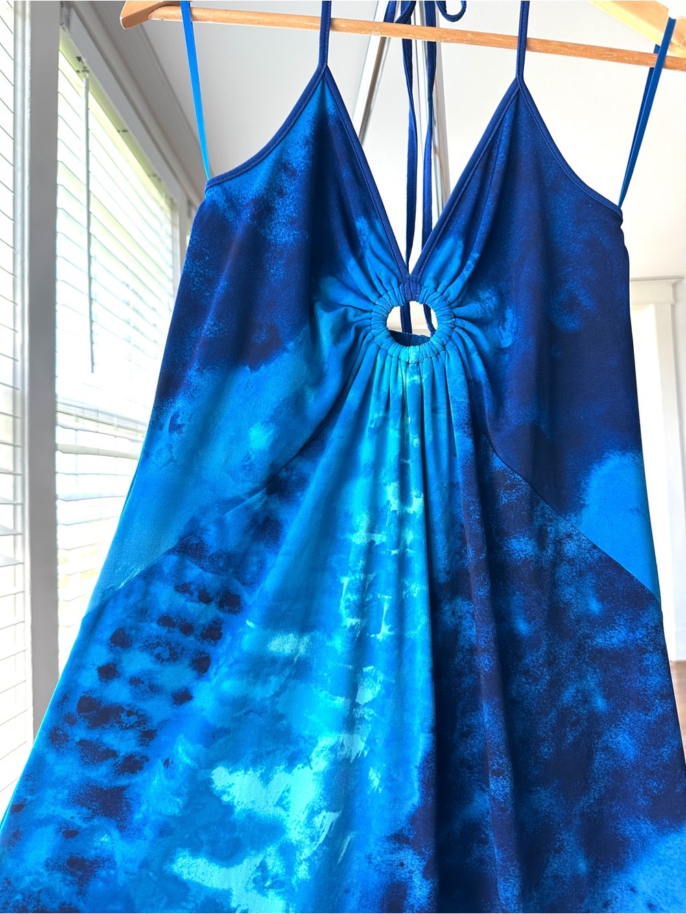 WHBM Blue Tie-Dye Halter Midi Dress with Ring Detail, Stretch Knit